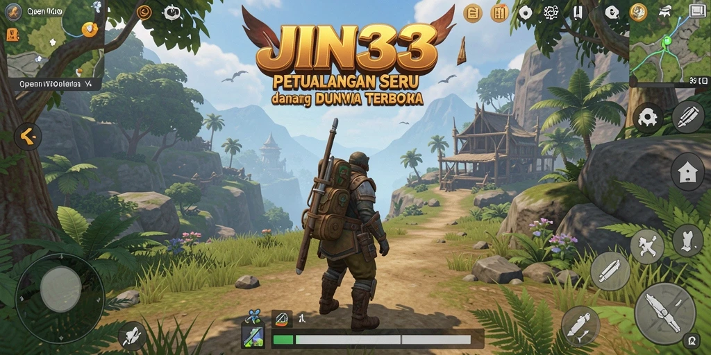 Tampilan antarmuka yang menonjolkan petualangan Open World JIN33.