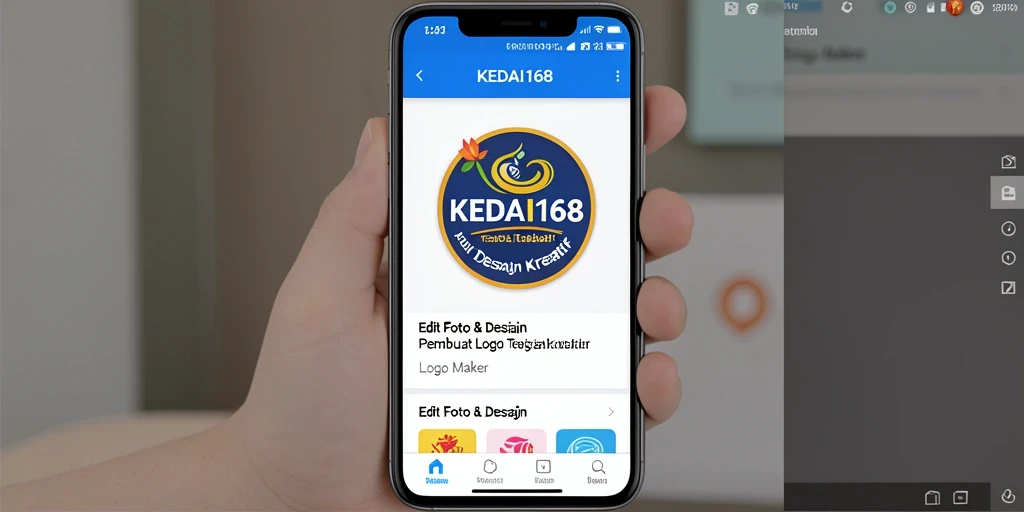 Screenshot KEDAI168 menampilkan antarmuka pembuatan logo yang intuitif.