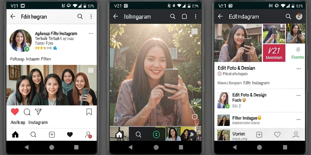 Antarmuka V21 menampilkan berbagai filter menarik untuk foto Instagram.